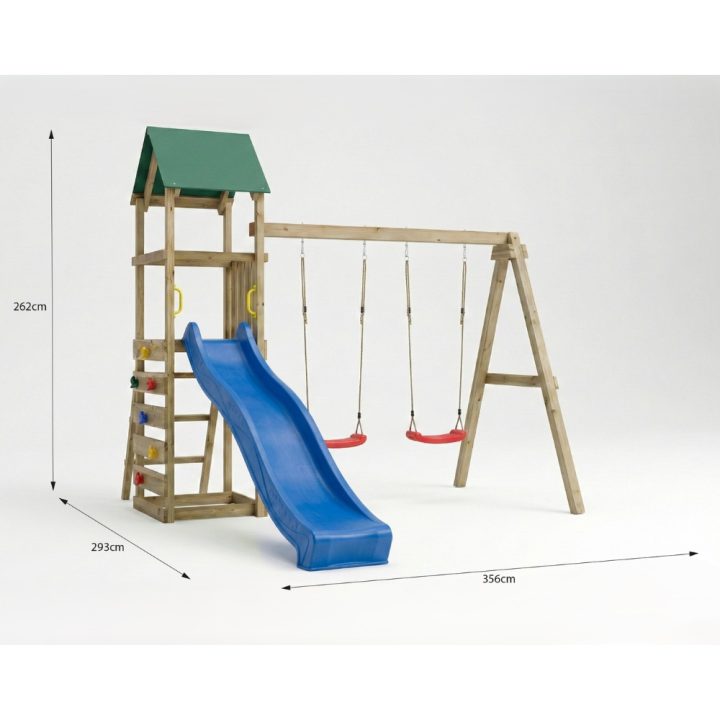 Parque infantil de madera Maxplay 2.1 con tobogán azul, doble columpio y zona de escalada para jardín