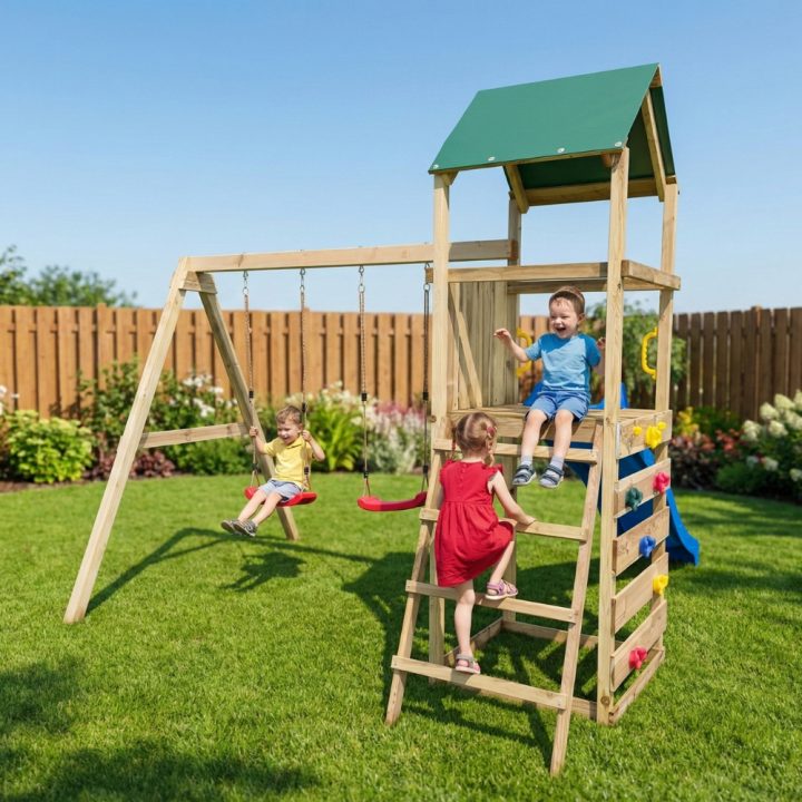 Parque infantil de madera Maxplay 2.1 con tobogán azul, doble columpio y zona de escalada para jardín