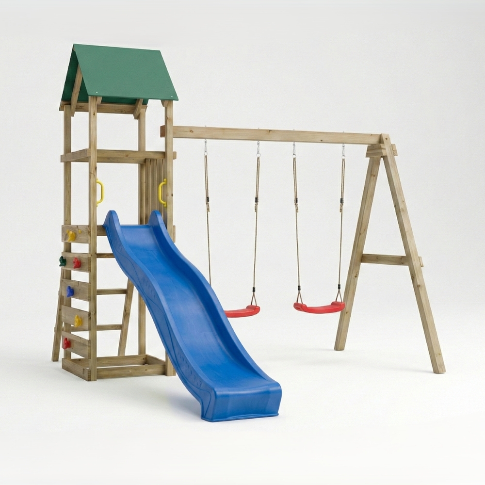 Parque infantil de madera Maxplay 2.1 con tobogán azul, doble columpio y zona de escalada para jardín