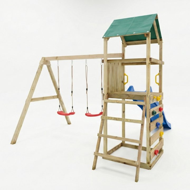 Parque infantil de madera Maxplay 2.1 con tobogán azul, doble columpio y zona de escalada para jardín