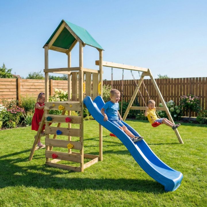 Parque infantil de madera Maxplay 2.1 con tobogán azul, doble columpio y zona de escalada para jardín