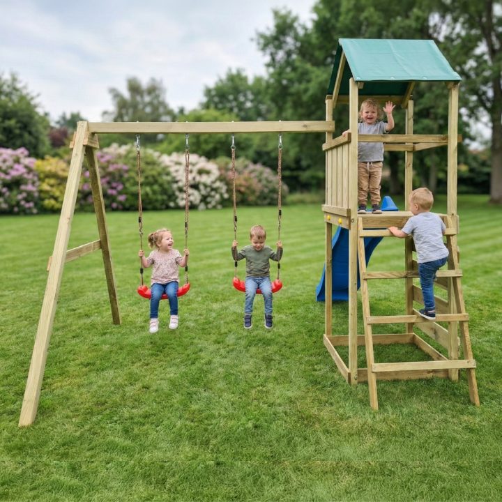 Parque infantil de madera Maxplay 2.1 con tobogán azul, doble columpio y zona de escalada para jardín