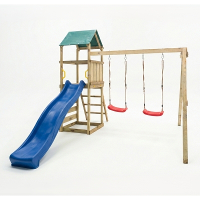 Parque infantil de madera Maxplay 2.1 con tobogán azul, doble columpio y zona de escalada para jardín