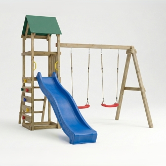 Parque infantil de madera Maxplay 2.1 con tobogán azul, doble columpio y zona de escalada para jardín