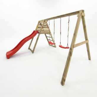Área de juegos de madera Maxplay Gym con tobogán rojo y doble columpio