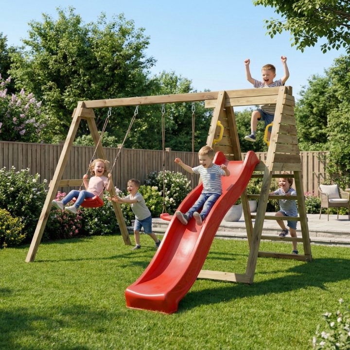 Área de juegos de madera Maxplay Gym con tobogán rojo y doble columpio
