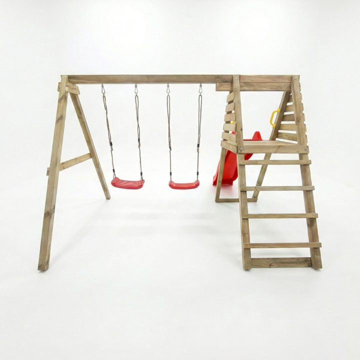 Área de juegos de madera Maxplay Gym con tobogán rojo y doble columpio