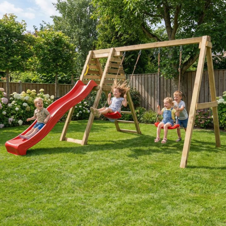Área de juegos de madera Maxplay Gym con tobogán rojo y doble columpio