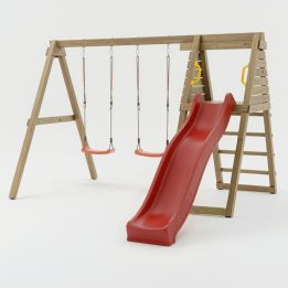 Área de juegos de madera Maxplay Gym con tobogán rojo y doble columpio