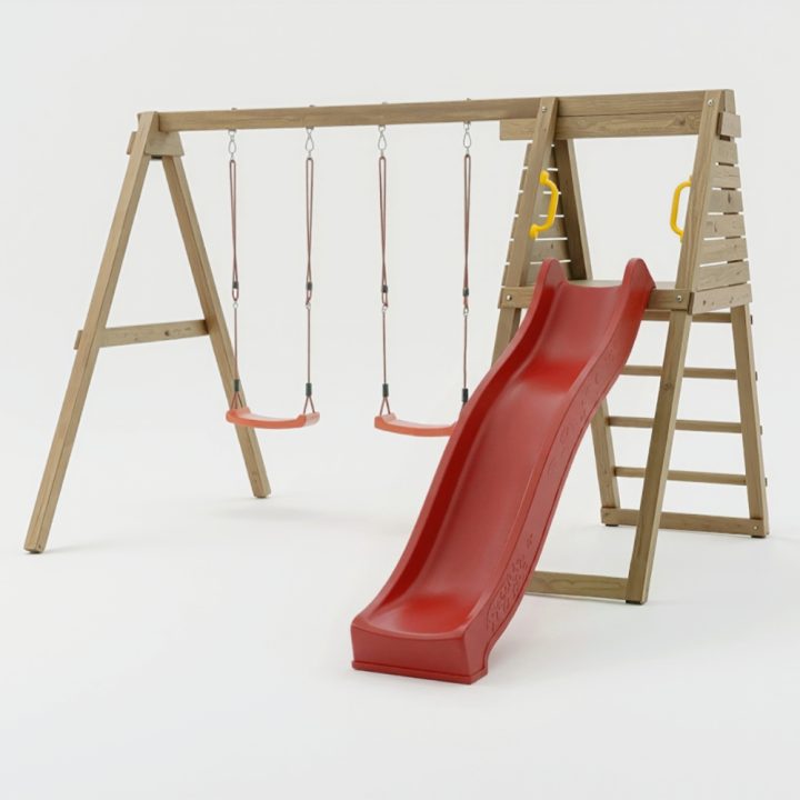 Área de juegos de madera Maxplay Gym con tobogán rojo y doble columpio