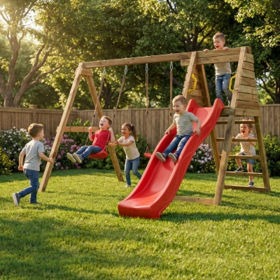 Área de juegos de madera Maxplay Gym con tobogán rojo y doble columpio
