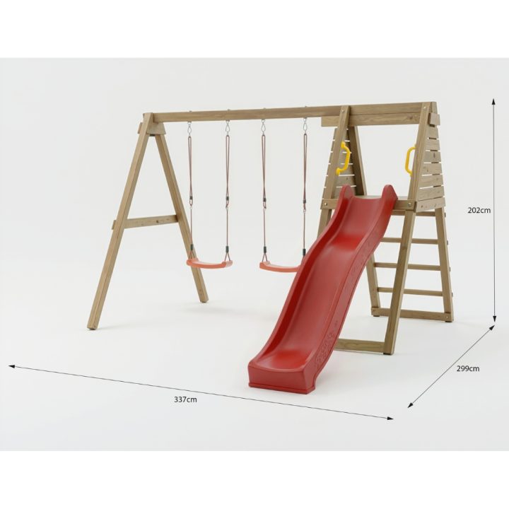 Área de juegos de madera Maxplay Gym con tobogán rojo y doble columpio