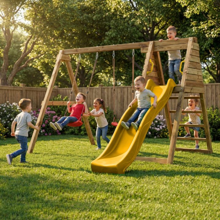 Área de juegos de madera Maxplay Gym con tobogán amarillo y doble columpio