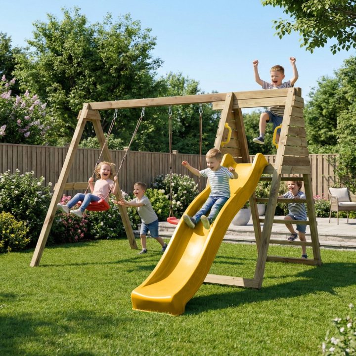 Área de juegos de madera Maxplay Gym con tobogán amarillo y doble columpio
