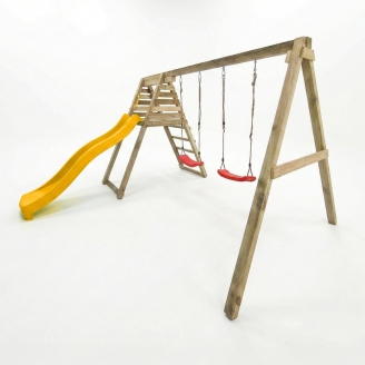 Área de juegos de madera Maxplay Gym con tobogán amarillo y doble columpio