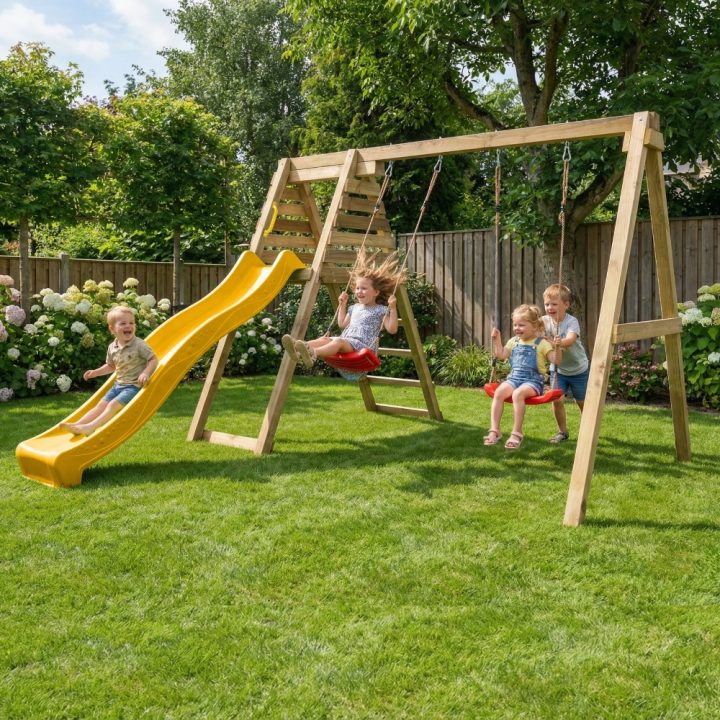 Área de juegos de madera Maxplay Gym con tobogán amarillo y doble columpio