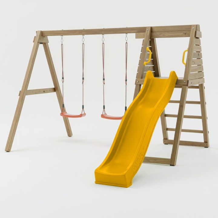 Área de juegos de madera Maxplay Gym con tobogán amarillo y doble columpio