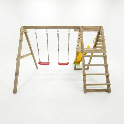 Área de juegos de madera Maxplay Gym con tobogán amarillo y doble columpio