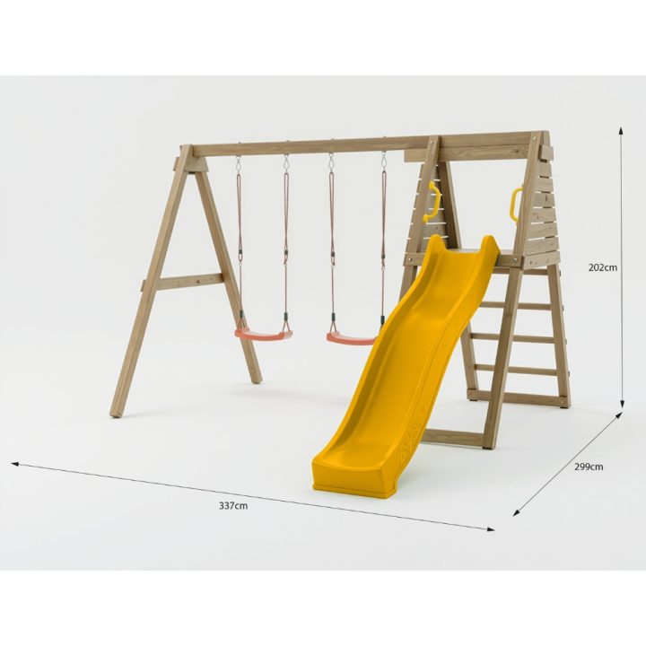 Área de juegos de madera Maxplay Gym con tobogán amarillo y doble columpio