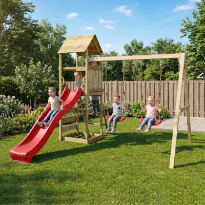 Parque infantil de madera Maxplay 2.2 con torre, tobogán rojo y doble columpio