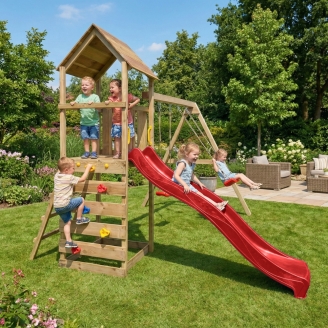 Parque infantil de madera Maxplay 2.2 con torre, tobogán rojo y doble columpio