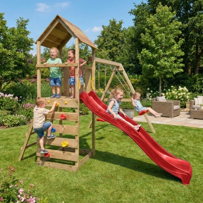 Parque infantil de madera Maxplay 2.2 con torre, tobogán rojo y doble columpio