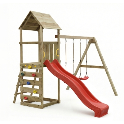 Parque infantil de madera Maxplay 2.2 con torre, tobogán rojo y doble columpio
