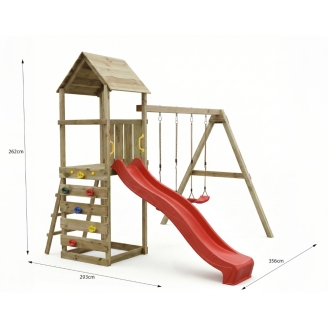 Parque infantil de madera Maxplay 2.2 con torre, tobogán rojo y doble columpio