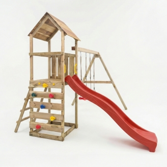 Parque infantil de madera Maxplay 2.2 con torre, tobogán rojo y doble columpio