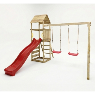 Parque infantil de madera Maxplay 2.2 con torre, tobogán rojo y doble columpio