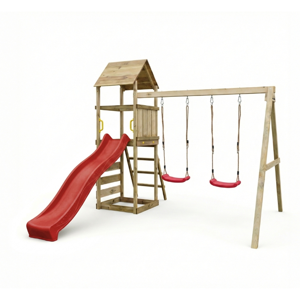 Parque infantil de madera Maxplay 2.2 con torre, tobogán rojo y doble columpio