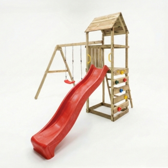 Parque infantil de madera Maxplay 2.2 con torre, tobogán rojo y doble columpio