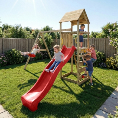 Parque infantil de madera Maxplay 2.2 con torre, tobogán rojo y doble columpio