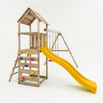 Parque infantil de madera Maxplay 2.2 con torre, tobogán amarillo y doble columpio