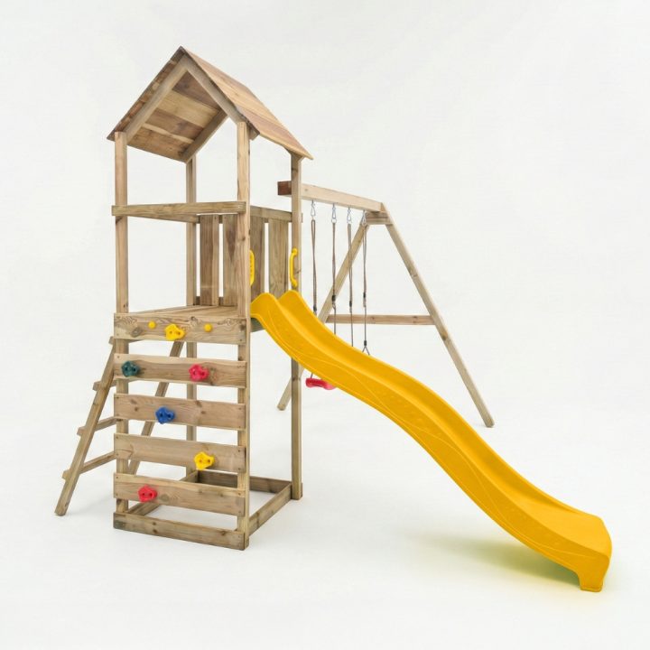 Parque infantil de madera Maxplay 2.2 con torre, tobogán amarillo y doble columpio