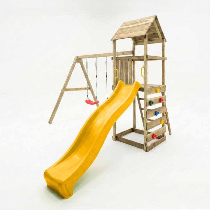 Parque infantil de madera Maxplay 2.2 con torre, tobogán amarillo y doble columpio