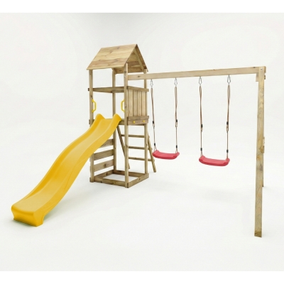 Parque infantil de madera Maxplay 2.2 con torre, tobogán amarillo y doble columpio