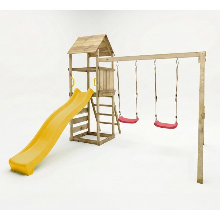 Parque infantil de madera Maxplay 2.2 con torre, tobogán amarillo y doble columpio
