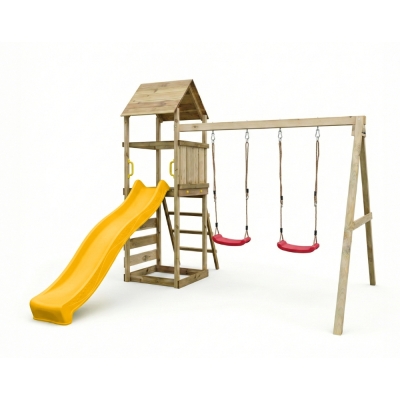 Parque infantil de madera Maxplay 2.2 con torre, tobogán amarillo y doble columpio