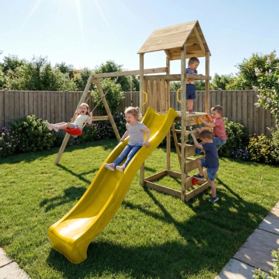 Parque infantil de madera Maxplay 2.2 con torre, tobogán amarillo y doble columpio