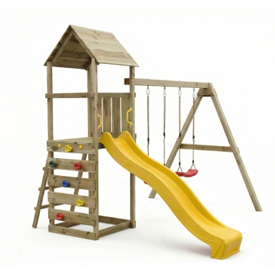 Parque infantil de madera Maxplay 2.2 con torre, tobogán amarillo y doble columpio