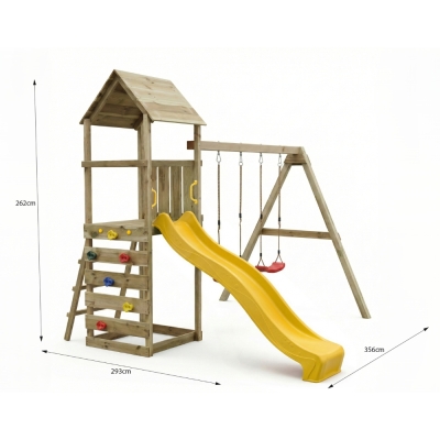 Parque infantil de madera Maxplay 2.2 con torre, tobogán amarillo y doble columpio