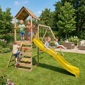 Parque infantil de madera Maxplay 2.2 con torre, tobogán amarillo y doble columpio