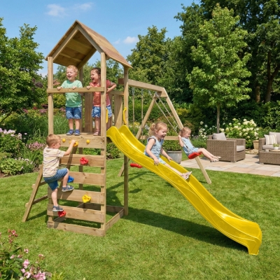 Parque infantil de madera Maxplay 2.2 con torre, tobogán amarillo y doble columpio
