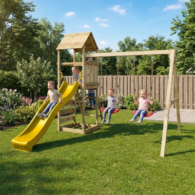 Parque infantil de madera Maxplay 2.2 con torre, tobogán amarillo y doble columpio
