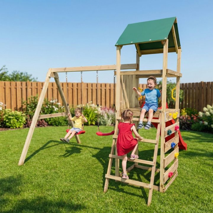 Parque infantil de madera Maxplay 2.1 con tobogán rojo, doble columpio y zona de escalada para jardín