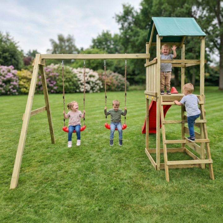 Parque infantil de madera Maxplay 2.1 con tobogán rojo, doble columpio y zona de escalada para jardín