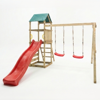 Parque infantil de madera Maxplay 2.1 con tobogán rojo, doble columpio y zona de escalada para jardín