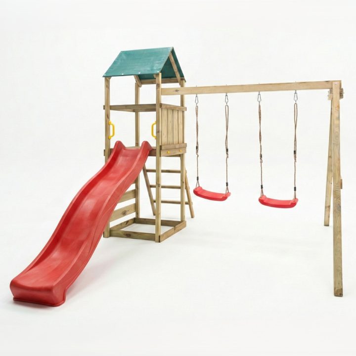 Parque infantil de madera Maxplay 2.1 con tobogán rojo, doble columpio y zona de escalada para jardín