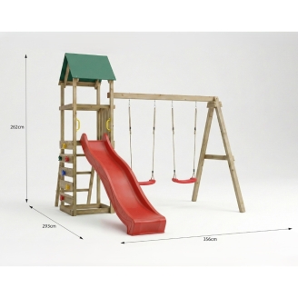Parque infantil de madera Maxplay 2.1 con tobogán rojo, doble columpio y zona de escalada para jardín